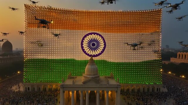 Massive Indian National Flag Formed by Glowing AI Drones Waving Over Monument Sunrise