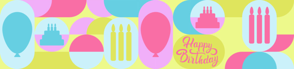Birthday is a fun holiday, a bright, colorful background for packaging or covers. A geometric pattern with blue and pink circles.