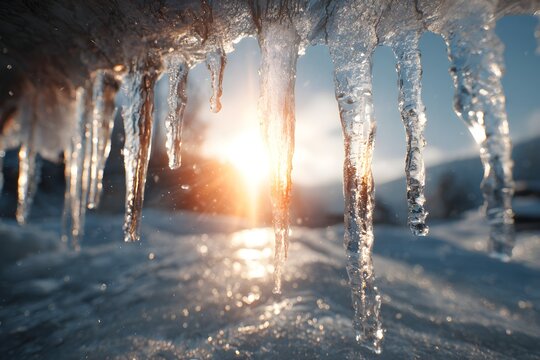 Shimmering icicles glowing in the winter sunlight with frozen landscape background