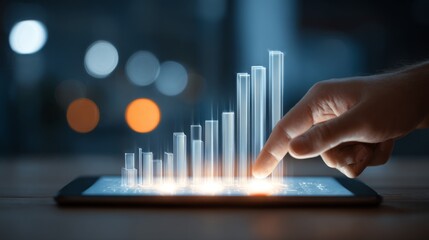 Hand Interacting with Digital Chart on Tablet Displaying Data Visualization in Modern Office Environment with Blurred Background and Bright Bokeh Lights
