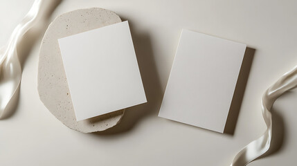 Elevate your design with this sleek stationery mockup featuring a blank card, stone pedestal, and satin ribbon. Ideal for showcasing invitations, logos, and minimalist designs.