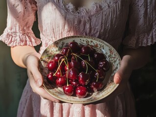 A woman holds plate of full of cherries.