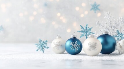 Blue Silver White Christmas Ornaments with Snowflakes Winter Holiday Display