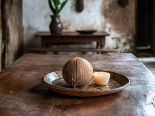 A coconut with candle are laid on the plate in the kitchen.