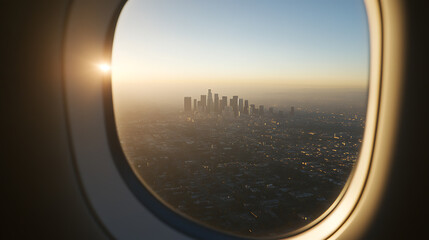 Cityscape from above: a serene, sunlit view of urban architecture and the cityscape through the soft-edged airplane window, capturing a moment of quiet contemplation.
