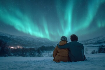 Couple watching the northern lights in snowy mountains — romantic winter night under the aurora borealis sky.
