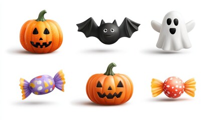 happy halloween festive set of pumpkins ghosts bats and candies on white background