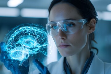 Scientist analyzing virtual brain projection — concept of digital intelligence, human mind research, and neural technology.