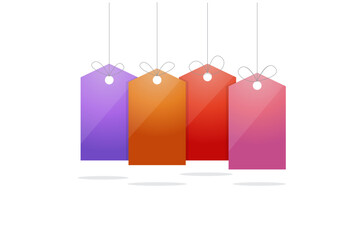 Vector illustration of four colorful hanging price tags with gradient shades of purple, orange, red, and pink.  Perfect for sale, discount, promotion, and shopping-themed designs.