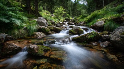 Fototapeta premium Serene Mountain Stream with Flowing Water Over Mossy Rocks Surrounded by Lush Greenery in a Peaceful Forest Landscape