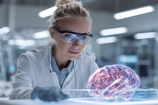 Female scientist studying a glowing holographic brain — concept of neuroscience, artificial intelligence, and scientific innovation.