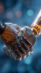 Futuristic robotic handshake — concept of artificial intelligence, technology partnership, and human-machine collaboration.