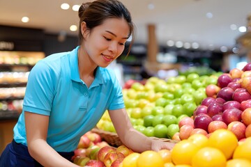 Young Asian woman presenting colorful apples at a produce stand, capturing the spirit of community markets and fresh living.