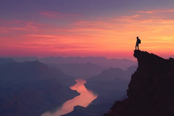 Adventurer standing on cliff edge at sunset, overlooking a winding river — concept of freedom, courage, and exploration.