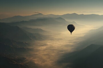 Hot air balloon flying through golden morning mist over mountain valleys — peaceful, cinematic travel inspiration.