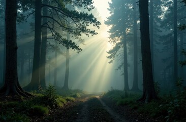 Obraz premium Forest at dawn with sunbeams breaking through the trees. High quality photo