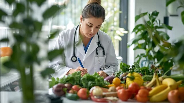 Nutritionist doctor analyzing fresh fruits and vegetables in natural light kitchen, promoting healthy organic diet and balanced lifestyle
