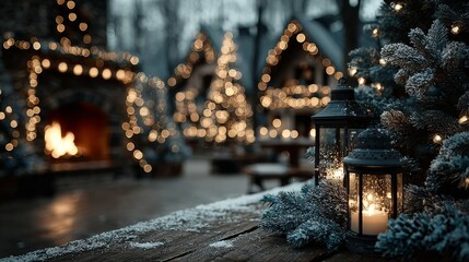 A cozy winter evening scene with snow-covered branches, glowing lanterns, and warm lights illuminating a festive outdoor setting.
