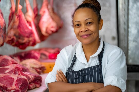Middle-aged African female butcher stands confidently in a meat shop, surrounded by fresh cuts of meat, showcasing her expertise and dedication to the craft of butchery