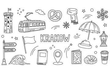 Krakow travel doodle collection featuring local landmarks and symbols