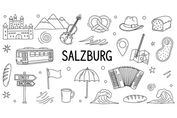 Obraz premium Hand-drawn salzburg icons featuring landmarks, food, and culture elements
