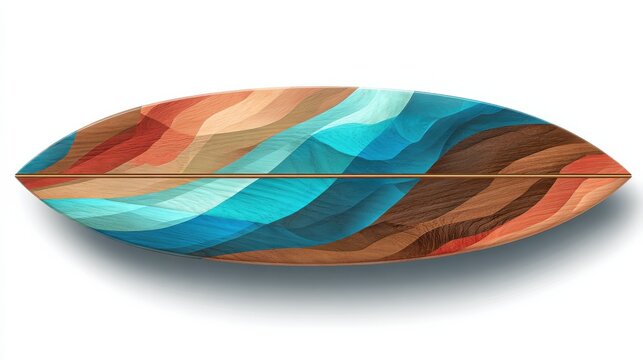 a wooden surfboard with a colorful design cut out isolated on transparent or white background
