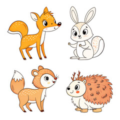 A funny set of cute cartoon fox characters and other wild animals like a rabbit and squirrel in a vector illustration collection