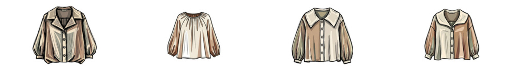 Hand drawn blouse vector set with vintage collar styles