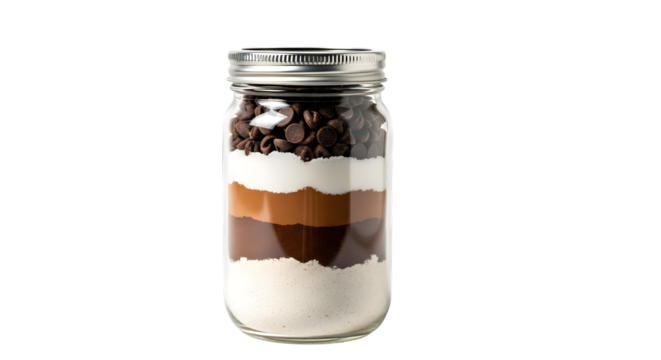 Mason jar filled with brownie mix ingredients isolated on transparent background