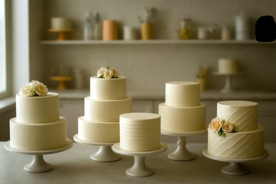 a collection of wedding cakes on display, multi-tiered and decorated with frosting. bridal event background or banner.