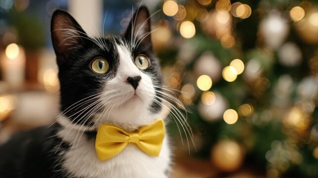 a cute black and white tuxedo cat wearing a yellow bow tie dapper feline sitting among festive christmas decorations and bokeh lights
