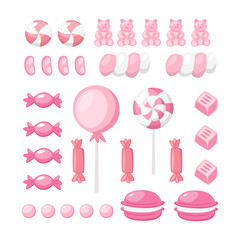 Sweets set. Swirl lollipop, lolly on stick, caramels in wrapper, bonbons, candy cane. Sugar snacks, confections.