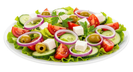 Fresh Greek salad with feta cheese olives tomatoes cucumbers