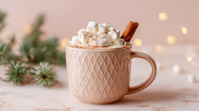 christmas mug with hot chocolate, marshmallow topping, cinnamon stick, pastel warm background