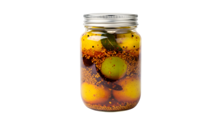 Jar of lemon pickle isolated on transparent background, a traditional indian condiment
