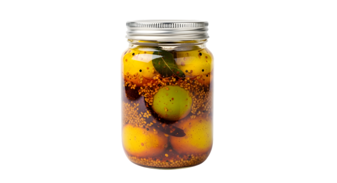 Jar of lemon pickle isolated on transparent background, a traditional indian condiment