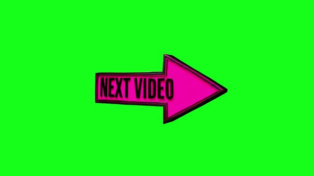 A bright pink 3D arrow with bold white NEXT VIDEO text bounces energetically in a seamless loop against a green screen background. Excellent for YouTube end screens, video series navigation, and chrom