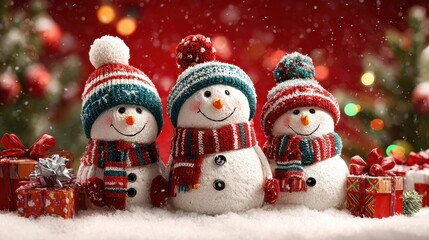 Fototapeta premium three festive snowmen with colorful hats and scarves surrounded by gift boxes on snowy surface red holiday background with pine branches and lights