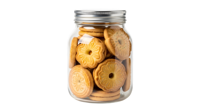 Jar of flower shaped cookies isolated on transparent background, ready to eat