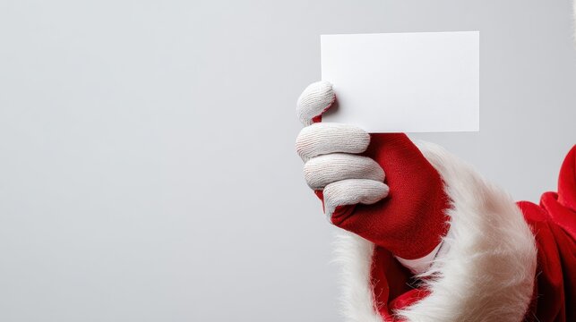 santa claus hand holding blank paper sign isolated on red background close up christmas gifts buying white gloved hand and vertical page card mockup template advertisement gesture xmas list mail