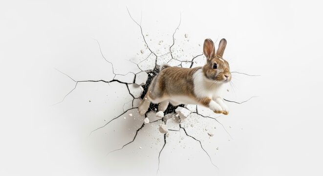 rabbit busting or breaking through a wall on a solid white background, animal photo