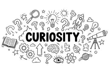 Fototapeta premium Curiosity concept with doodles of lightbulbs, rockets, telescopes, and magnifying glasses