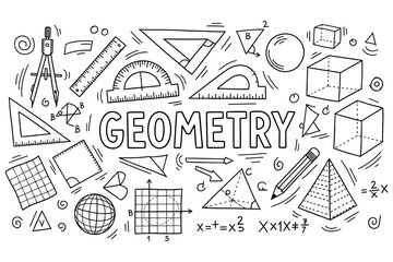 Geometry tools and shapes: ruler, compass, protractor, triangle, grid