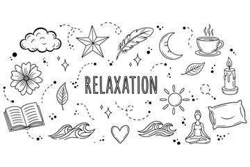 Relaxation doodle with stars, waves, and meditation symbols for stress relief