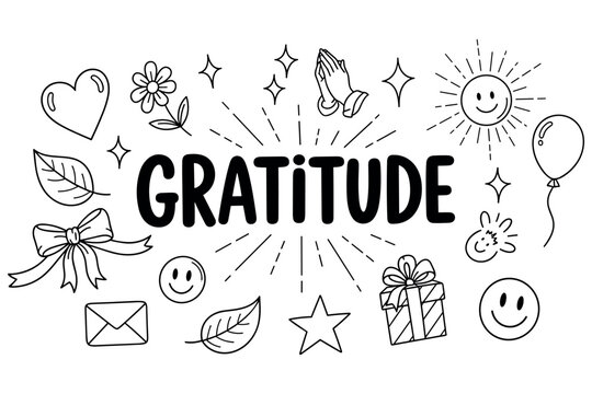 Gratitude concept with hand-drawn icons: smiles, sun, gifts, hearts, stars, balloons