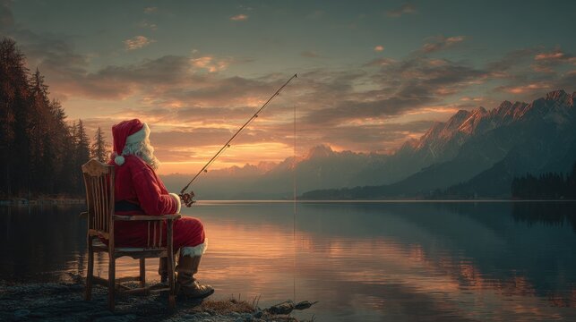 santa claus is taking a break from his busy schedule enjoying a peaceful evening fishing from a boat on a serene lake at sunset