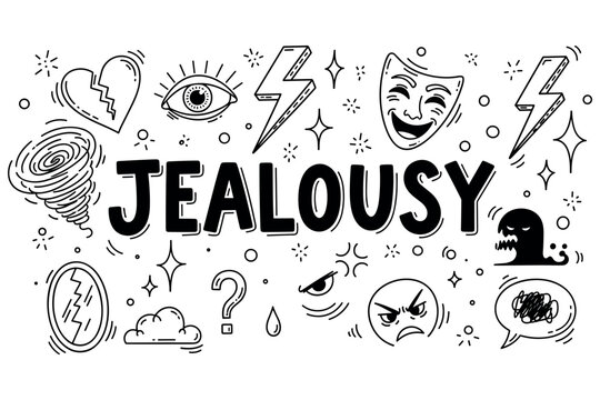 Jealousy concept with dramatic icons and emotional symbols in black and white