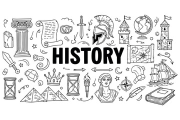 Fototapeta premium Historical elements doodle: ancient architecture, weapons, and exploration themes