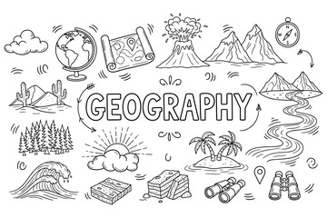 Doodle illustrations of geography concepts including volcanoes and mountains