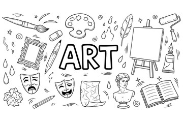 Art tools and symbols concept with easel, palette, masks, and feather pen